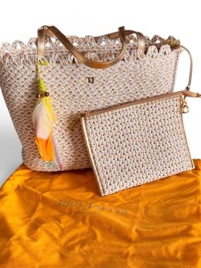 ERIC JAVITS Woven Metallic Tote + Matching Pouch | Dust Bag Included | Resort Lu